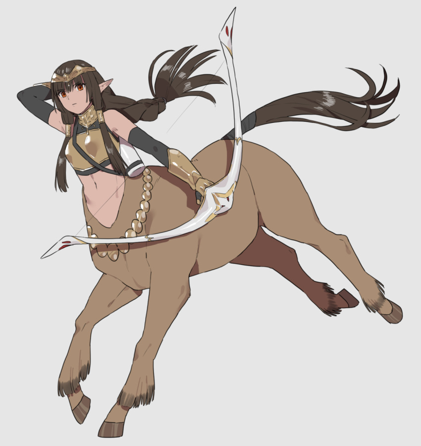 arm_up armor bare_shoulders black_gloves bodystocking bow_(weapon) braid braided_ponytail breastplate breasts brown_hair centaur circlet closed_mouth collar commentary_request elbow_gloves female fingerless_gloves floating_hair full_body gauntlets gloves grey_background highres holding holding_bow_(weapon) holding_weapon horse_tail kizuta_(barometz) long_hair looking_at_viewer monster_girl multiple_legs navel original partial_commentary pointy_ears quiver red_eyes running sidelocks simple_background solo stomach tail taur weapon