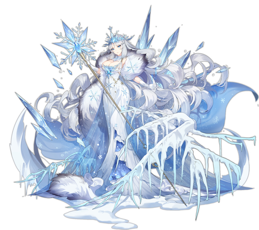 ark_order blue_cape blue_eyes breasts cape cleavage coat diadem dress female frozen fur_coat gloves hat hatoyama_itsuru highres holding holding_staff huge_breasts ice long_dress looking_at_viewer official_art sleeveless sleeveless_dress snow snowflake_print snowflakes solo staff tachi-e the_snow_queen the_snow_queen_(ark_order) transparent_background variant_set white_dress white_gloves white_hair white_hat