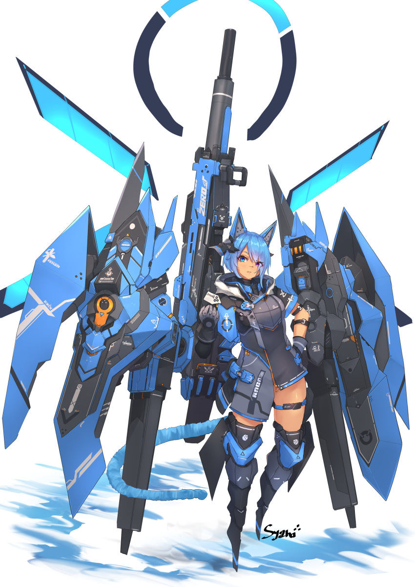 absurdres animal_ears blue_hair blue_theme cat_ears commentary_request commission female gun heterochromia highres huge_weapon looking_at_viewer mecha mecha_musume original robot short_hair syaha weapon