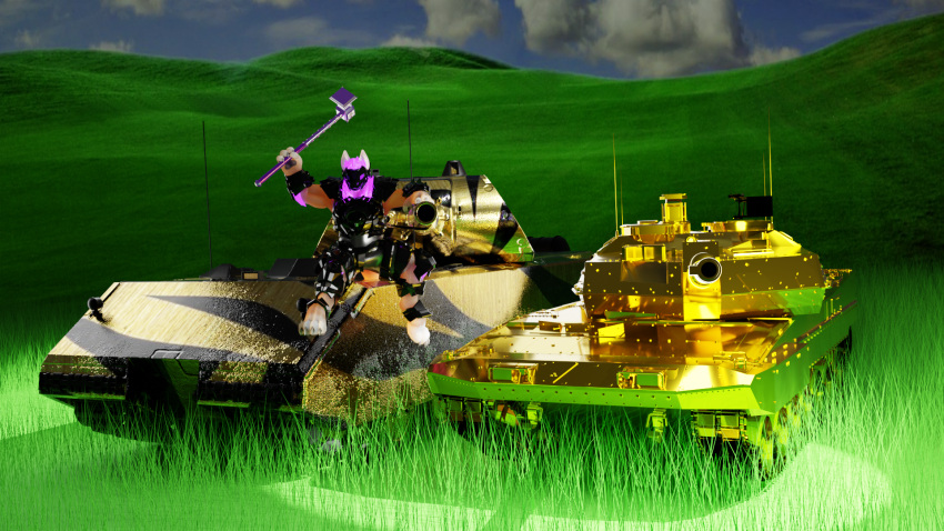 16:9 3d_(artwork) anthro digital_media_(artwork) foxolad gold_(metal) hi_res lichfoxy male maus_(tank) microsoft microsoft_windows papagen solo strv_122_(tank) widescreen windows_xp