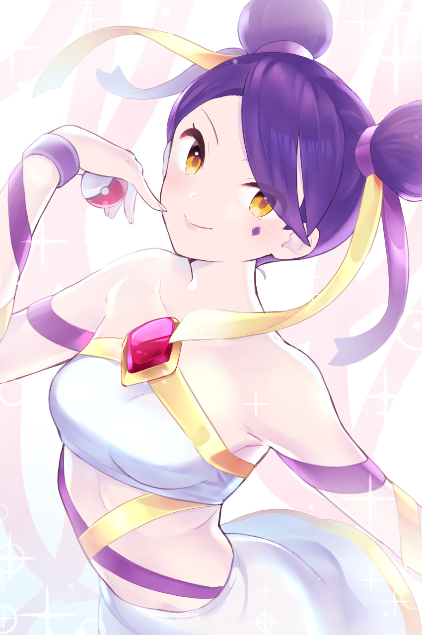 absurdres breasts closed_mouth collarbone commission commissioner_upload crop_top diamond_(shape) double_bun eyelashes female gem hair_bun hair_ribbon hand_up highres holding holding_poke_ball looking_at_viewer midriff non-web_source poke_ball poke_ball_(basic) pokemon pokemon_battle_revolution purple_hair purple_ribbon red_gemstone ribbon sashay_(pokemon) skirt smile solo sparkle swept_bangs tudurimike white_skirt wristband yellow_eyes yellow_ribbon