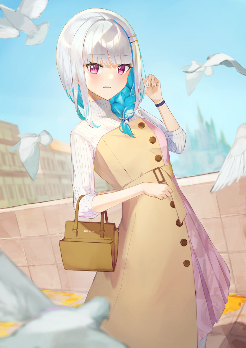 absurdres bag belt bird blue_hair blue_sky blunt_bangs braid brown_belt brown_dress castle day dove dress female french_braid hair_ornament hairclip handbag highres lize_helesta lize_helesta_(5th_costume) long_hair long_sleeves looking_at_viewer multicolored_hair nijisanji official_alternate_costume outdoors parted_lips purple_eyes rakkasei ribbed_sweater sky smile solo sweater turtleneck turtleneck_sweater virtual_youtuber white_hair white_sweater