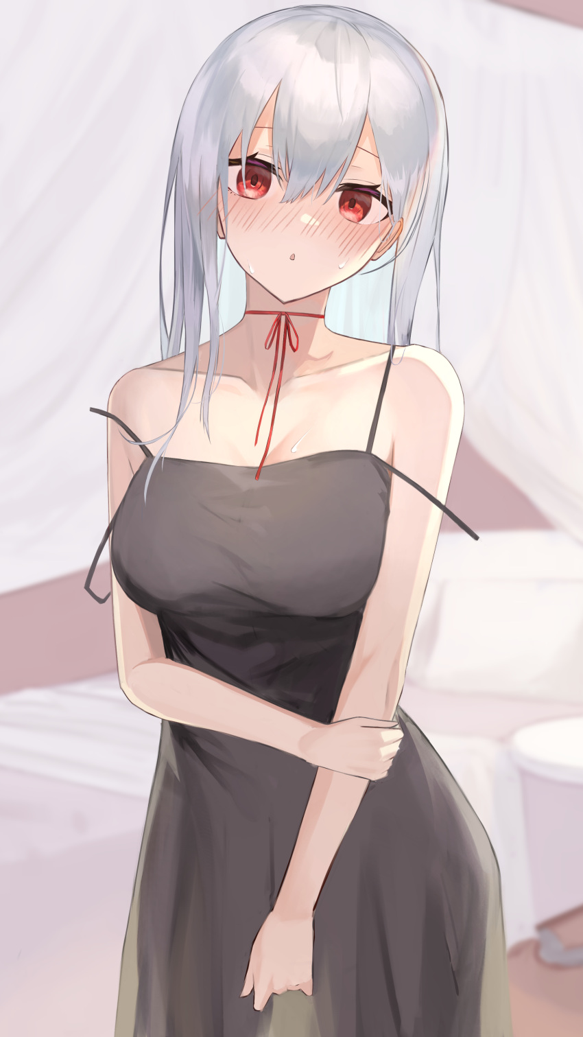 :o absurdres bare_shoulders bed black_dress blush breasts check_commentary cleavage commentary commentary_request contrapposto cowboy_shot dress female grey_hair hair_between_eyes hakase_fuyuki highres indoors large_breasts long_hair looking_at_viewer neck_ribbon nightgown nijisanji nose_blush rakkasei red_eyes red_ribbon ribbon see-through solo spaghetti_strap strap_slip sweat virtual_youtuber