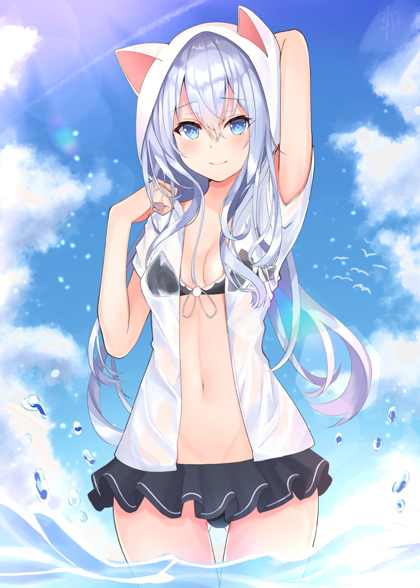 absurdres animal_ears animal_hood bad_id bad_twitter_id bikini black_bikini blue_eyes blue_sky blush breasts commentary_request day fake_animal_ears female grey_hair hair_between_eyes hibiki_(kancolle) highres hood hooded_jacket jacket kantai_collection long_hair looking_at_viewer navel open_clothes open_jacket pleated_skirt see-through shiina_aoi skirt sky small_breasts smile solo swimsuit water wet wet_clothes