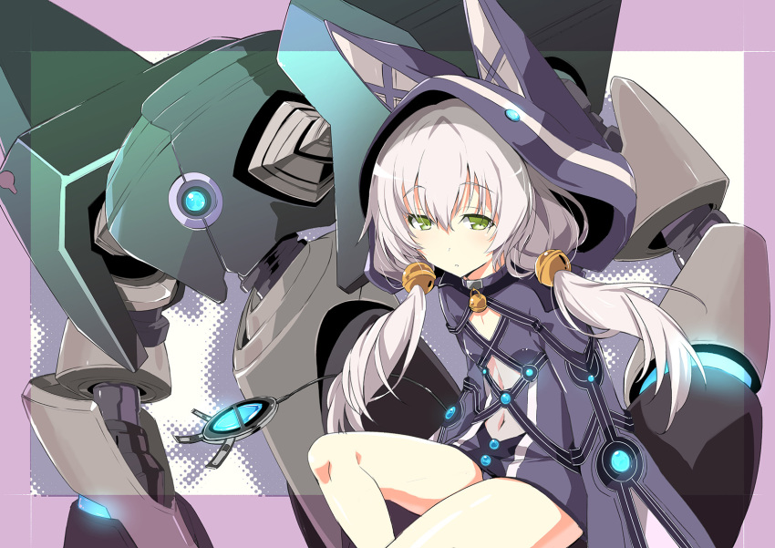 altina_orion animal_ears animal_hood commentary_request cutout_above_navel eiyuu_densetsu expressionless female green_eyes highres hood hood_up looking_at_viewer okiura photoshop_(medium) sen_no_kiseki solo twintails white_hair