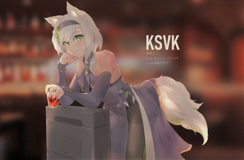 animal_ears bare_shoulders black_pantyhose blue_dress braid braided_bangs breasts character_name commentary cup detached_sleeves dress drinking_glass elbow_rest english_commentary english_text female girls'_frontline green_eyes grey_hair grey_tail hair_between_eyes hairband hand_on_own_face holding holding_cup jewelry ksvk_(girls'_frontline) ksvk_(truman_traveler)_(girls'_frontline) leaning_forward light_blush looking_at_viewer medium_breasts official_alternate_costume pantyhose short_hair side_slit smile snowcatming solo standing tail weapon_case wolf_ears wolf_tail