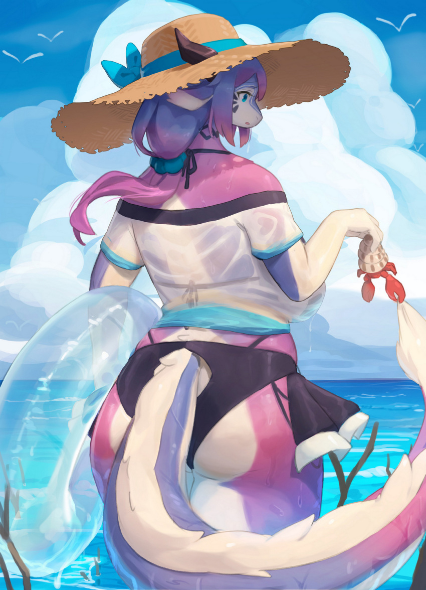 anthro arthropod ass back-tie_bikini back-tie_clothing back-tie_swimwear bikini blue_eyes breasts clothed clothing cloud crustacean day digital_media_(artwork) dragon female fur furgonomics hair hat hat_ribbon headgear headwear hermit_crab hi_res horn inflatable inner_tube kemono lanya_(shian) long_hair malacostracan marine mythological_creature mythological_scalie mythology neck-tie_bikini neck-tie_clothing neck-tie_swimwear outside partially_submerged purple_body purple_hair rear_view scalie shaded shian shirt sky slightly_chubby solo standing swimwear swimwear_under_clothing tail tail_mane topwear wet wet_clothing wet_shirt wet_topwear