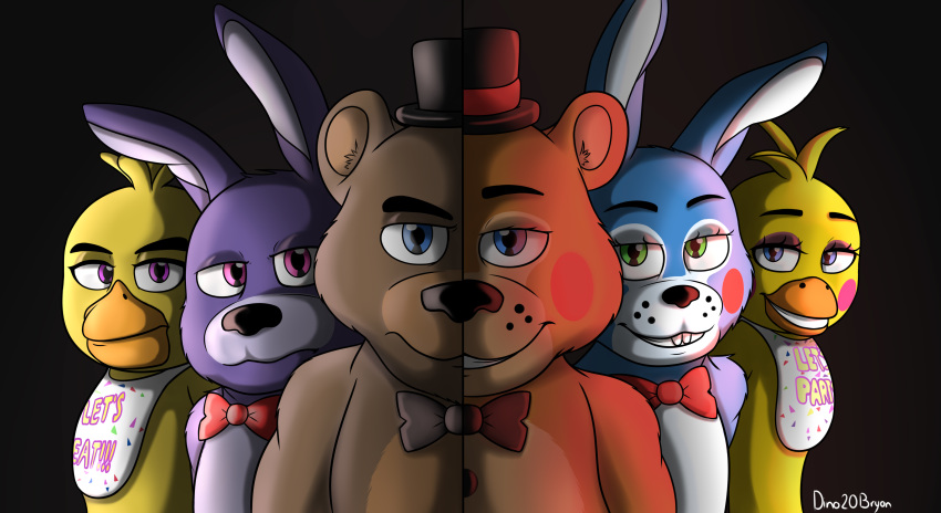 2020 absurd_res animatronic anthro avian beak bear bib bird black_nose bonnie_(fnaf) bow_tie brown_body brown_fur buckteeth chica_(fnaf) chicken dino20bryan eyebrows eyelashes female five_nights_at_freddy's five_nights_at_freddy's_2 freddy_(fnaf) fur galliform gallus_(genus) group half-closed_eyes hi_res lagomorph leporid long_ears looking_at_viewer machine male mammal narrowed_eyes phasianid pink_cheeks poster poster_template purple_body purple_fur rabbit red_cheeks robot scottgames smile teeth toy_bonnie_(fnaf) toy_chica_(fnaf) toy_freddy_(fnaf) white_inner_ear yellow_body