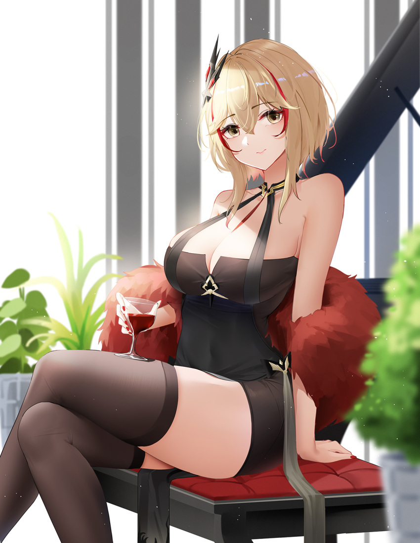 azur_lane bare_shoulders black_dress black_thighhighs blonde_hair blurry breasts cleavage closed_mouth covered_navel crossed_legs cup depth_of_field dress drinking_glass feather_boa female hair_ornament highres holding holding_cup large_breasts looking_at_viewer multicolored_hair official_alternate_costume qing_wu red_hair red_nails roon_(azur_lane) roon_(viridescent_lullaby)_(azur_lane) short_dress short_hair sitting smile solo streaked_hair taut_clothes thighhighs thighs tight_clothes tight_dress wine_glass yellow_eyes