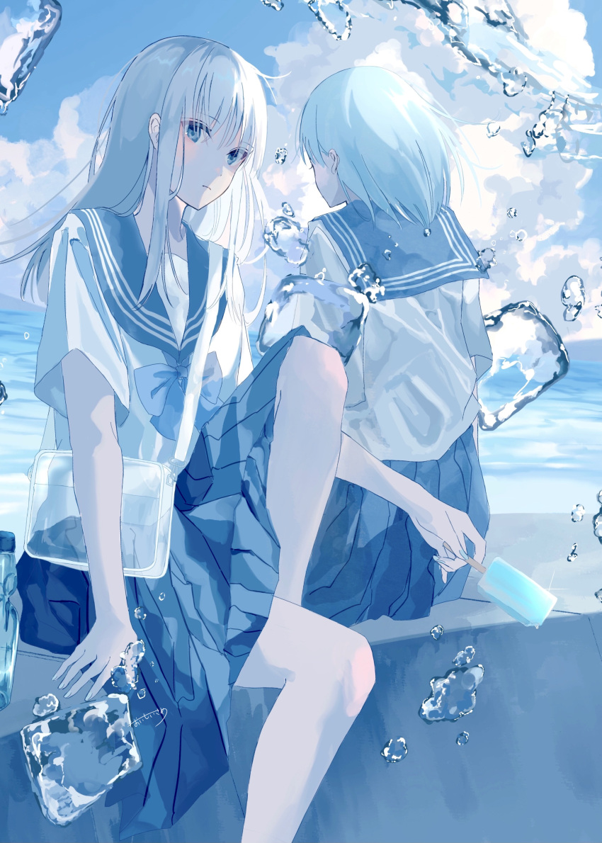 2girls absurdres bad_id bad_pixiv_id bag blue_bow blue_eyes blue_hair blue_skirt blue_theme bottle bow cloud cloudy_sky commentary_request day facing_away food hair_between_eyes highres knees knees_up long_hair looking_at_viewer multiple_girls ocean original parted_lips partial_commentary pleated_skirt popsicle school_bag school_uniform shirt short_hair sidelocks sitting skirt sky sparkle sunlight sutera_sea water water_drop white_hair white_shirt