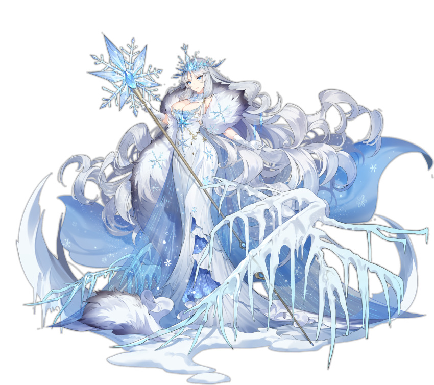 ark_order blue_cape blue_eyes breasts cape cleavage coat diadem dress female frozen fur_coat gloves hat hatoyama_itsuru highres holding holding_staff huge_breasts ice long_dress looking_at_viewer official_art sleeveless sleeveless_dress snow snowflake_print snowflakes solo staff tachi-e the_snow_queen the_snow_queen_(ark_order) transparent_background variant_set white_dress white_gloves white_hair white_hat