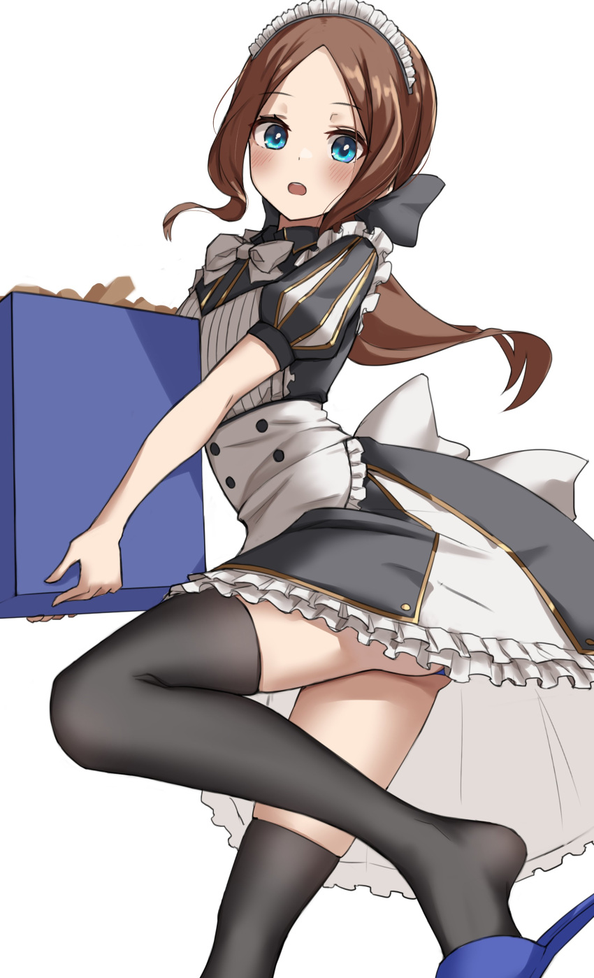 absurdres apron black_bow black_dress black_thighhighs blue_eyes blush bow box breasts brown_hair dress fate/grand_order fate_(series) female forehead hairbow highres kopaka_(karda_nui) leonardo_da_vinci_(fate) leonardo_da_vinci_(rider)_(fate) leonardo_da_vinci_(rider)_(second_ascension)_(fate) long_hair looking_at_viewer maid_headdress open_mouth parted_bangs ponytail puff_and_slash_sleeves puffy_short_sleeves puffy_sleeves short_sleeves small_breasts solo thighhighs white_apron