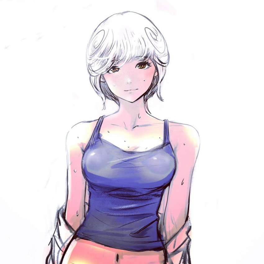 6maker amano_ai blue_tank_top breasts brown_eyes commentary_request crop_top curly_hair den'ei_shoujo female highres medium_breasts midriff navel procreate_(medium) solo sweat tank_top upper_body white_hair