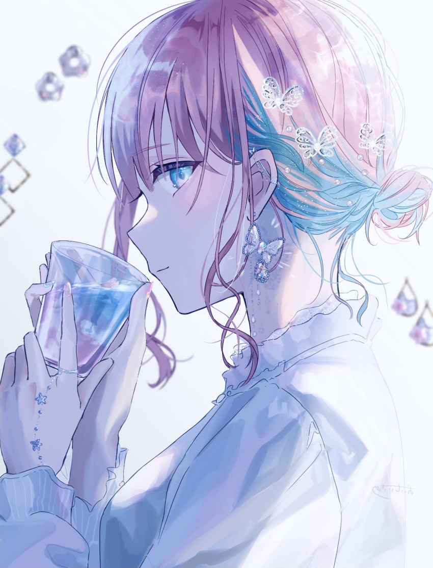 blue_eyes blue_hair blurry blurry_background breasts bug butterfly butterfly_earrings closed_mouth commentary_request cup ear_piercing earrings female frilled_shirt frilled_sleeves frills from_side glint grey_nails hair_between_eyes hair_bun hands_up highres holding holding_cup jewelry light_blush light_particles liquid looking_at_viewer medium_breasts multicolored_hair multicolored_nails original piercing pink_hair pink_nails shirt sideways_glance signature single_hair_bun smile solo sutera_sea two-tone_hair upper_body white_background white_shirt