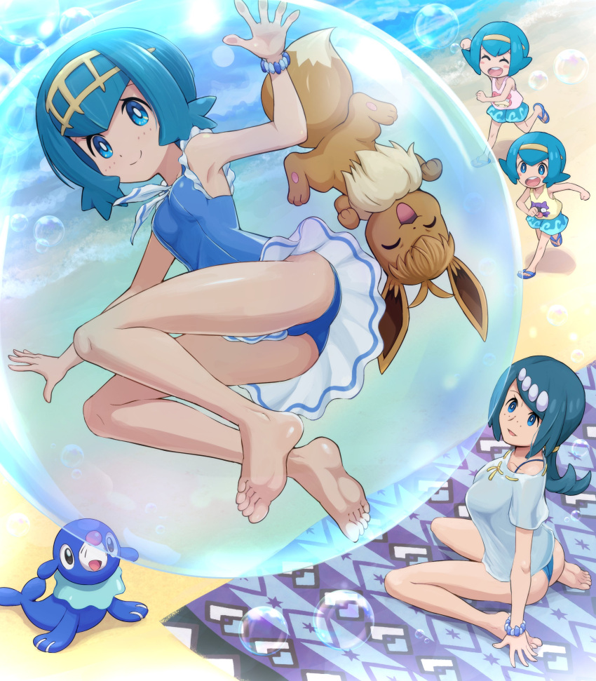 4girls absurdres alternate_costume arm_support barefoot beach beach_towel blue_eyes blue_hair blue_one-piece_swimsuit bracelet breasts bright_pupils bubble character_print closed_mouth commentary_request day eevee feet floating freckles frills hairband harper_(pokemon) highres in_bubble jewelry lana's_mother_(pokemon) lana_(pokemon) looking_up mature_female mother_and_daughter multiple_girls no_sclera one-piece_swimsuit outdoors pink_shirt pokemoa pokemon pokemon_(anime) pokemon_(creature) pokemon_sm_(anime) popplio running sand sandals sarah_(pokemon) shellder shirt shore short_hair siblings sisters sitting sleeveless sleeveless_shirt slowpoke smile soles swimsuit toes towel water white_pupils yellow_hairband yellow_shirt