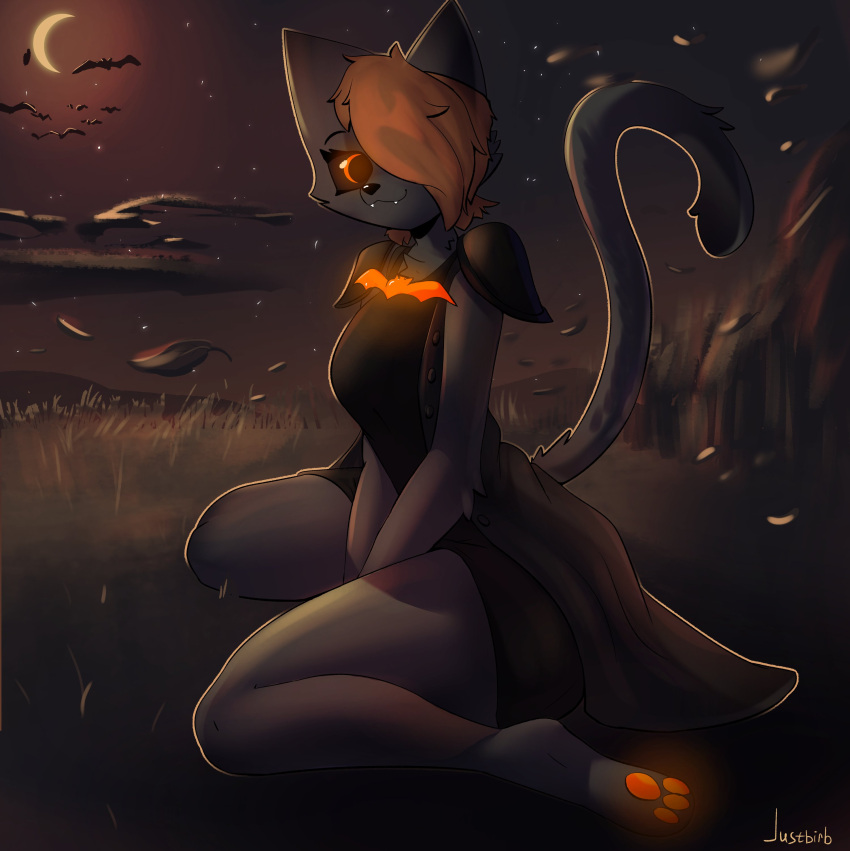 2024 3_toes :3 absurd_res ambient_bat anthro artist_name big_breasts black_clothing black_dress black_nose black_sclera breasts brown_hair chest_tuft closed_smile clothed clothing cloud coat crescent_moon curvy_figure cute_fangs dialated_pupils digital_media_(artwork) dima_(crim) domestic_cat dress eyebrows eyelashes feet felid feline felis female full-length_portrait fully_clothed fur glowing glowing_eyes glowing_pawpads grass grey_body grey_clothing grey_coat grey_fur grey_topwear hair hair_over_eye happy hi_res hourglass_figure justbirb krita_(artwork) looking_at_viewer mammal moon mouth_closed night one_eye_obstructed open_clothing open_coat open_topwear orange_eyes orange_pawpads outside pawpads plant portrait raised_tail sitting sky small_waist smile smiling_at_viewer snout solo star starry_sky tail thick_thighs three-quarter_view toes topwear tuft unknown_character wariza wide_hips