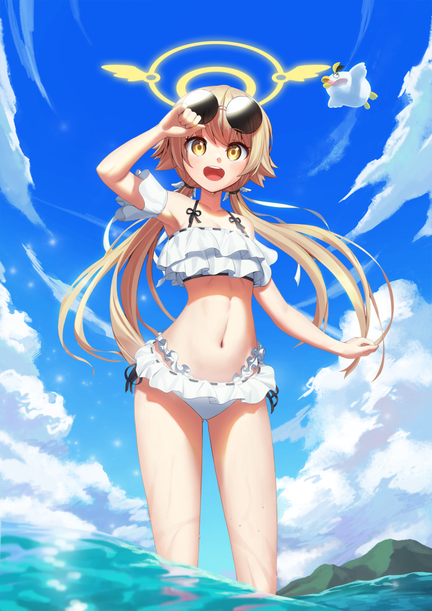 :d absurdres angry_birds bikini bird blonde_hair blue_archive blue_sky clenched_hand cloud cloudy_sky collarbone day detached_sleeves eyewear_on_head fallstreak_hole female floating_hair flying frilled_bikini frills from_below hair_between_eyes hair_ribbon halo hand_on_own_head hifumi_(blue_archive) hifumi_(swimsuit)_(blue_archive) highres light_blush light_particles long_hair looking_at_viewer low_twintails matilda_(angry_birds) mountain navel official_alternate_costume outstretched_arm ribbon round_eyewear short_sleeves sidelocks sky smile sunglasses swimsuit teeth tongue tongue_out twintails upper_teeth_only wading white_bikini white_bird white_ribbon xogus1025 yellow_eyes yellow_halo