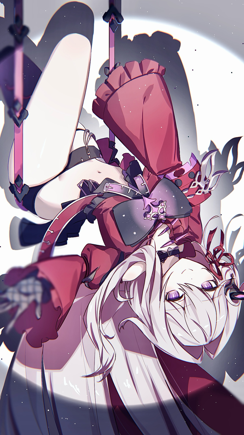 anklet belly black_choker black_gloves black_shorts bright_pupils choker commentary_request cross female gloves hair_down hair_ribbon head_down highres holding holding_string honkai_(series) honkai_impact_3rd jacket jewelry karamaru626 leg_up long_hair long_sleeves looking_at_viewer navel purple_eyes purple_ribbon red_jacket red_ribbon ribbon ribbon_hair_ornament shorts simple_background single_bare_leg single_bare_shoulder smile string thelema_(honkai_impact) very_long_hair white_background white_hair white_pupils