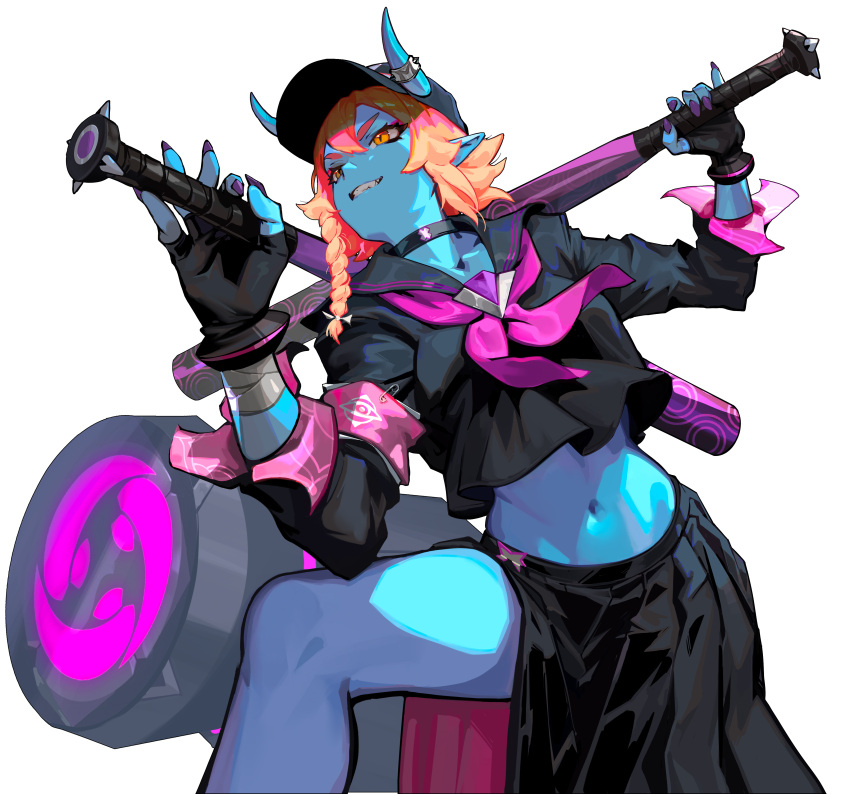 absurdres baseball_bat baseball_cap black_choker black_serafuku black_skirt blue_skin braid choker colored_skin cropped_shirt drum dual_wielding female fingernails hat highres holding horn_ornament horns instrument long_fingernails long_skirt mako_(omega_strikers) multicolored_hair neckerchief official_art omega_strikers oni orange_hair pink_neckerchief pointy_ears purple_nails red_hair school_uniform serafuku short_hair side_slit single_braid skirt smile solo teeth third-party_source yellow_eyes