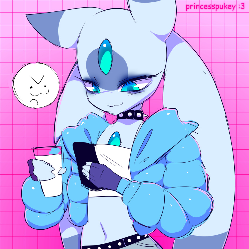 >:3c 1:1 2024 anthro belt blue_eyes clothed clothing coat collar crop_top electronics emoji emoticon female fingerless_gloves gloves handwear hi_res humanoid jacket lunaris_(pal) mammal milk mischievous mischievous_smile pal_(species) palworld phone pocketpair princesspukey shirt smile solo spiked_collar spikes studded_belt studs topwear white_body