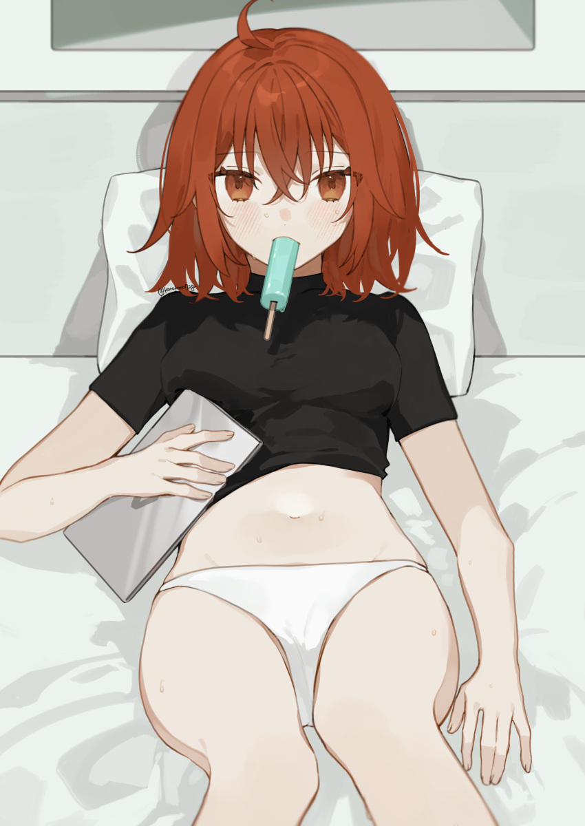 absurdres ahoge bed black_shirt breasts fate/grand_order fate_(series) female food food_in_mouth fujimaru_ritsuka_(female) highres lying medium_breasts medium_hair midriff navel no_pants on_back on_bed orange_eyes orange_hair panties popsicle popsicle_in_mouth romo827 shirt short_sleeves sweat underwear white_panties