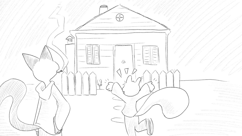 16:9 animal_crossing anthro building cigarette cigarette_in_mouth clothed clothing dialogue_in_description digital_drawing_(artwork) digital_media_(artwork) dragonweirdo duo felid feline female fence flower footwear fully_clothed greyscale hi_res hoodie house male mammal marshal_(animal_crossing) monochrome nintendo object_in_mouth olivia_(animal_crossing) outside plant rodent sciurid shoes smile smoke smoking sweater topwear tree_squirrel widescreen window yay