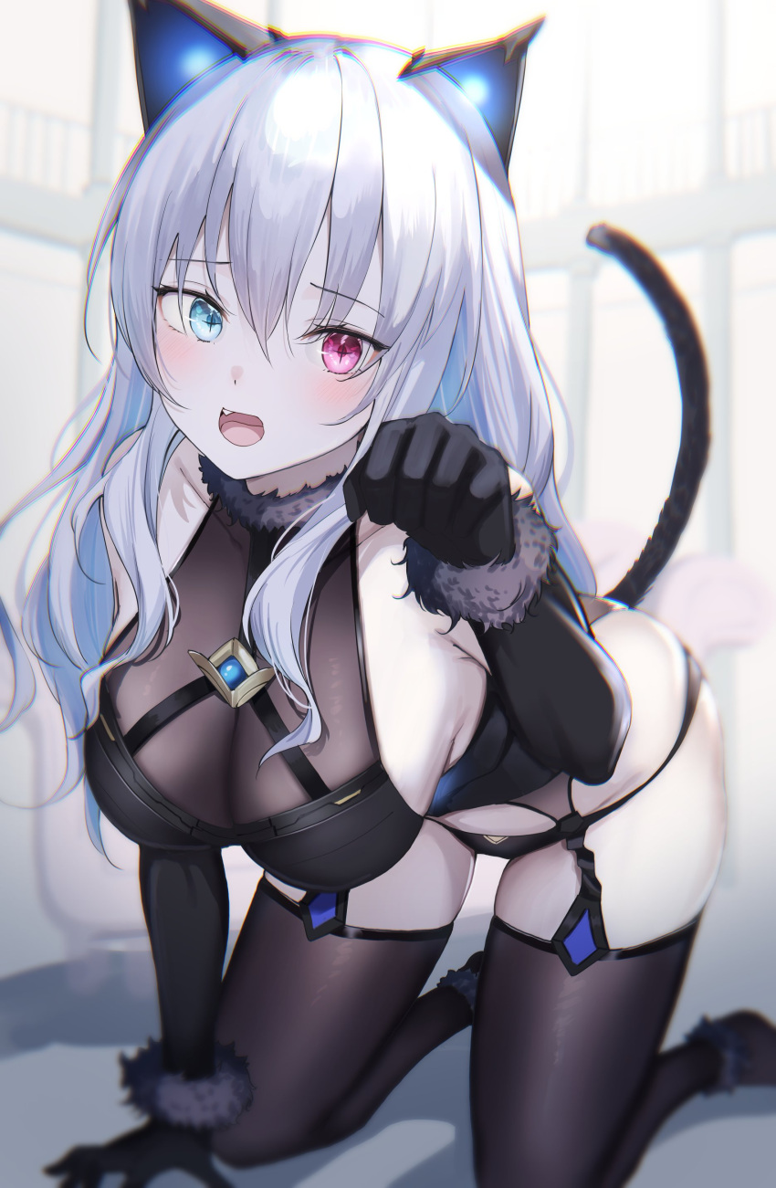 absurdres animal_ears black_panties breasts cat_ears cat_tail chest_harness cleavage detached_sleeves embarrassed fake_animal_ears fake_tail female grey_hair harness heterochromia highres kairi_(miry666) kneeling large_breasts long_hair neo-porte no_pants oerba_yun_fang open_mouth panties paw_pose pink_eyes tail tentei_forte thighhighs underwear very_long_hair virtual_youtuber