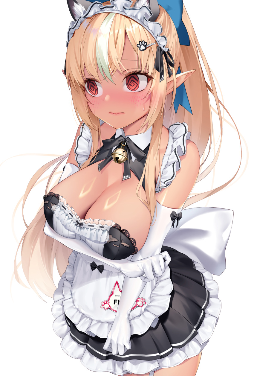 @_@ absurdres alternate_costume animal_ears arm_under_breasts back_bow bell blonde_hair blush bow breasts cat_ears cleavage closed_mouth commission cowboy_shot dark-skinned_female dark_skin dress elbow_gloves embarrassed enmaided female garter_straps gloves highres hololive jingle_bell kemonomimi_mode kurogane_tekki lace-trimmed_dress lace_trim large_breasts long_hair looking_ahead maid maid_headdress multicolored_hair neck_bell orange_eyes paw_hair_ornament pointy_ears ponytail shiranui_flare simple_background skeb_commission solo streaked_hair virtual_youtuber white_background