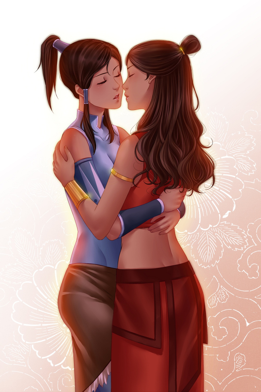 2girls alexiela armband avatar_the_last_airbender blush breasts brown_hair closed_eyes clothing dark-skinned_female dark_skin female female_only fire_nation_clothing hair_tubes highres hourglass_figure hug human imminent_kiss katara korra lesbian long_hair midriff multiple_females multiple_girls nickelodeon ponytail small_breasts straight_hair the_legend_of_korra tied_hair time_paradox topknot water_tribe yuri