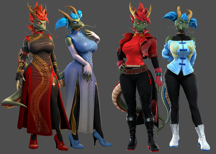 2024 3d_(artwork) 5_fingers anthro armwear asian_clothing before_and_after belt blender_(artwork) blue_eyes blue_hair boots bottomwear bras_(petruz) breasts chinese_clothing chinese_dress clothed clothing comparison digital_media_(artwork) dragon dress duo east_asian_clothing eastern_dragon elbow_gloves female fingerless_gloves fingers footwear gloves green_body green_scales hair handwear hi_res high_heels horn horn_jewelry horn_ring humanoid_hands isu_(petruz) jacket jewelry legwear mythological_creature mythological_scalie mythology pants petruz petruz_(copyright) red_eyes red_hair ring_(jewelry) scales scalie sibling_(lore) sister_(lore) sisters_(lore) source_filmmaker_(artwork) standing stockings tail topwear