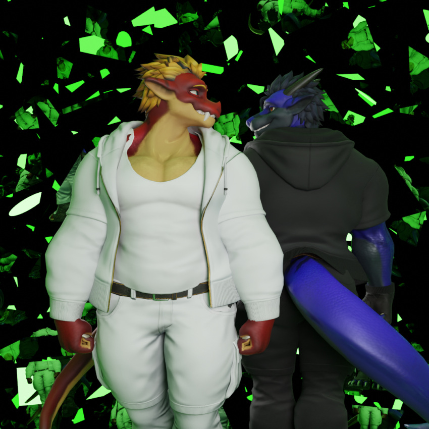 1:1 3d_(artwork) anthro clothed clothing dergdrister digital_media_(artwork) dragon drister_(dergdrister) duo fist looking_at_another male male/male muscular mythological_creature mythological_scalie mythology scalie simple_background slightly_chubby smile tail tyler_(dergdrister)