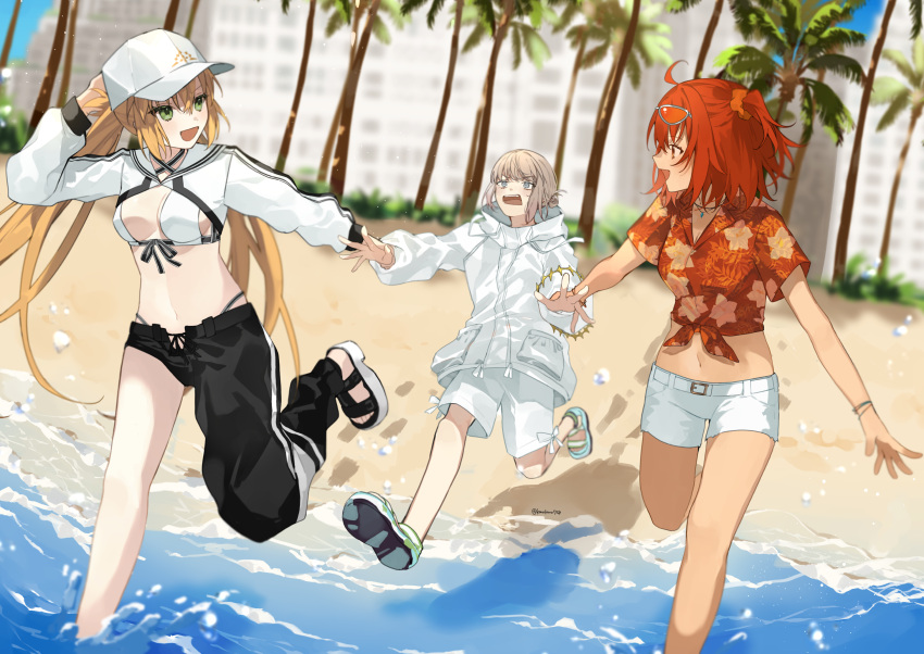 1boy 2girls ahoge artoria_caster_(fate) artoria_caster_(swimsuit)_(fate) artoria_caster_(swimsuit)_(first_ascension)_(fate) artoria_pendragon_(fate) asymmetrical_clothes asymmetrical_pants baggy_clothes baseball_cap bikini black_pants blonde_hair blue_eyes blush breasts cropped_jacket eyewear_on_head fate/grand_order fate_(series) floral_print fujimaru_ritsuka_(female) fujimaru_ritsuka_(female)_(tropical_summer) green_eyes grey_hair hair_ornament hair_scrunchie hat hawaiian_shirt hibiscus_print highres holding holding_another's_wrist jacket jewelry long_hair long_sleeves medium_hair multiple_girls navel oberon_(fate) oberon_(refreshing_summer_prince)_(fate) official_alternate_costume one_side_up open_mouth open_pants orange-tinted_eyewear orange_hair orange_scrunchie orange_shirt pants print_shirt romo827 sandals scrunchie shirt short_hair short_shorts shorts shrug_(clothing) sidelocks single_bare_leg single_pantsleg smile striped_clothes striped_jacket sunglasses swimsuit tied_shirt tinted_eyewear twintails white-framed_eyewear white_bikini white_hat white_jacket white_shorts