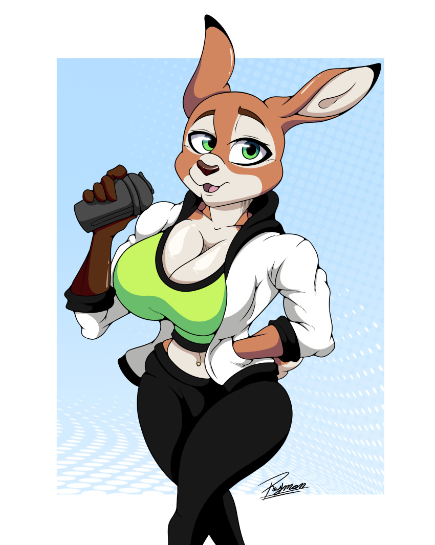 absurd_res anthro ass athletic_wear belly belly_piercing big_breasts big_butt breasts brisa_(reymonrr) cleavage clothed clothing deer female fur green_eyes gym hi_res jacket long_ears looking_at_viewer mammal mule_deer multicolored_body multicolored_fur new_world_deer piercing pose protein protein_shake reymonrr simple_background solo tomboy topwear two_tone_body two_tone_fur