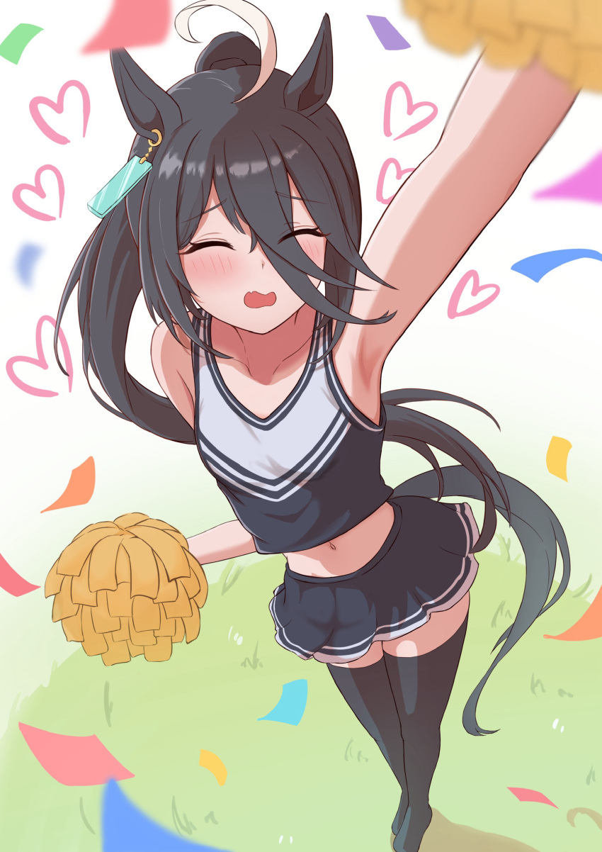 ahoge animal_ears arm_up armpits black_hair black_skirt black_thighhighs cheerleader closed_eyes commentary_request cropped_shirt female heart highres hojichabu holding holding_pom_poms horse_ears horse_girl horse_tail long_hair manhattan_cafe_(umamusume) navel open_mouth pom_pom_(cheerleading) skirt solo tail thighhighs umamusume