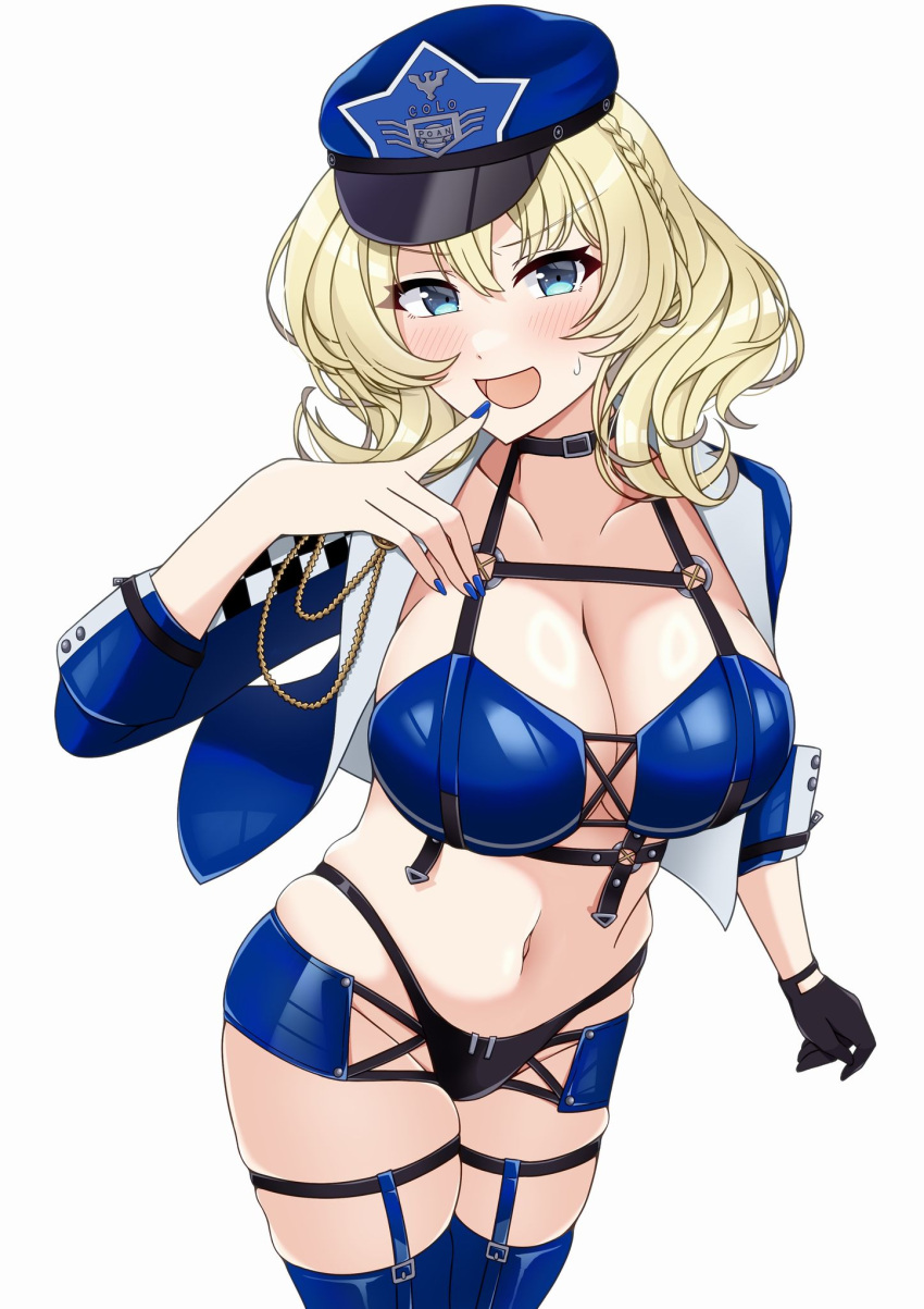 azur_lane baltimore_(azur_lane) baltimore_(azur_lane)_(cosplay) baltimore_(finish_line_flagbearer)_(azur_lane) bikini blue_bikini blue_eyes blue_hat blue_jacket braid breasts chest_harness cleavage colorado_(kancolle) commentary_request cosplay cowboy_shot cropped_jacket female harness hat highleg highleg_bikini highres jacket kantai_collection large_breasts looking_at_viewer micro_shorts mismatched_bikini otobi peaked_cap race_queen short_hair shorts side_braid simple_background smile solo swimsuit white_background