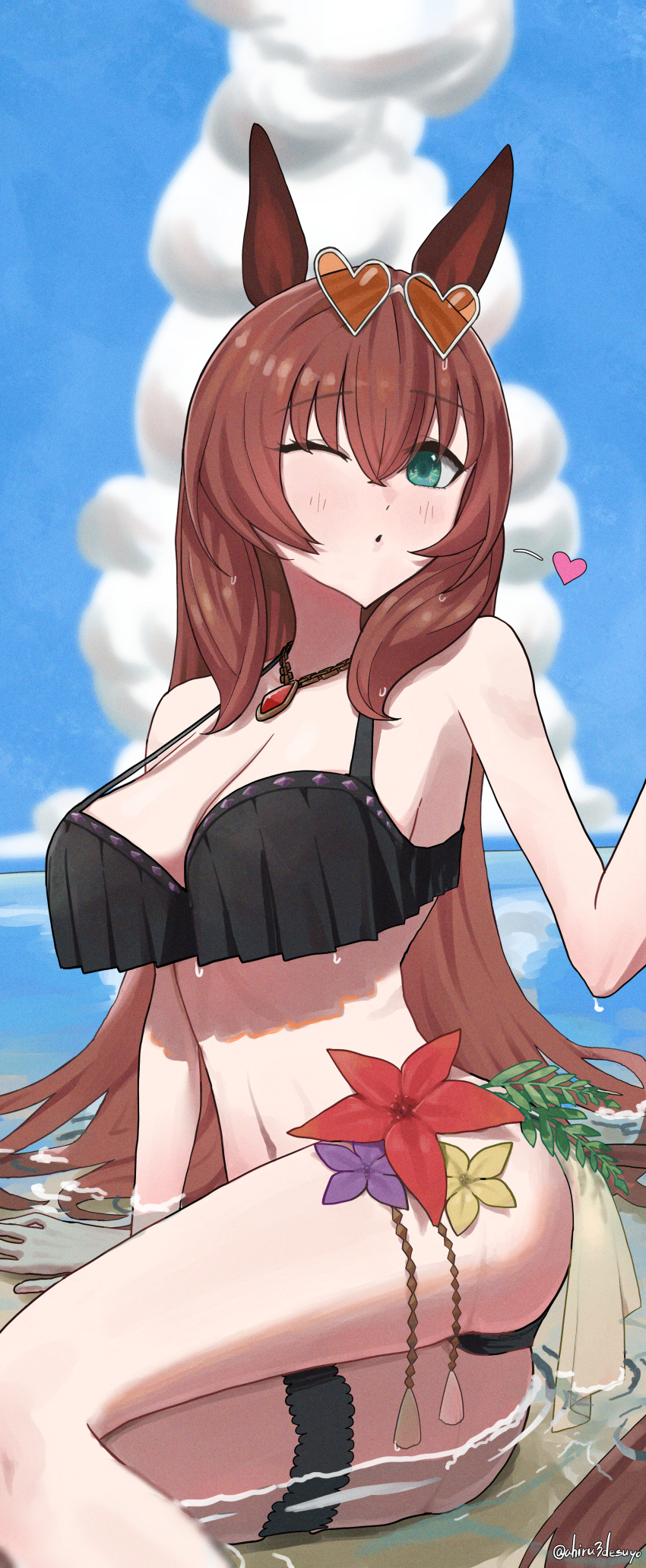 :d absurdres ahiru3desuyo animal_ears aqua_eyes ass bad_id bad_pixiv_id bare_shoulders beach bikini black_bikini blue_sky bracelet breasts brown_hair cloud cloudy_sky commentary ear_ornament eyewear_on_head female gold_bracelet hair_between_eyes heart heart-shaped_eyewear highres horse_ears horse_girl horse_tail jewelry legs long_hair looking_at_viewer maruzensky_(blasting_off_summer_night)_(umamusume) maruzensky_(umamusume) medium_breasts ocean official_alternate_costume official_alternate_hairstyle on_ground one_eye_closed outdoors sand sky smile soles solo sunglasses swimsuit tail thigh_strap toes umamusume water