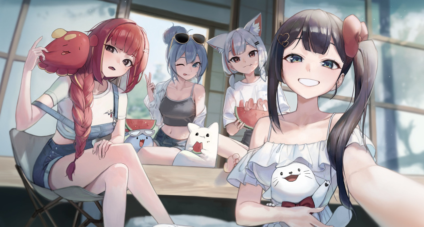 4girls :d :q :t absurdres akane_lize arahashi_tabi architecture bare_shoulders black_eyes blue_eyes blue_hair blue_overalls blue_shorts blunt_bangs blush bow brown_hair camisole chair chewing closed_mouth collarbone crop_top denim_overalls dress east_asian_architecture eyewear_on_head feet_out_of_frame feline food fruit grey_camisole grin haedungi_(shirayuki_hina) hair_bun hair_ornament hair_over_shoulder hairbow hairpin head_tilt heart heart_hair_ornament highres holding holding_food holding_fruit holding_watermelon laza_(0ldsong) leaning_to_the_side long_hair looking_at_viewer low-braided_long_hair low-tied_long_hair maro_(neneko_mashiro) midriff multicolored_hair multiple_girls navel neneko_mashiro off-shoulder_dress off_shoulder one_eye_closed open_mouth outdoors overalls pienna_(akane_lize) pungdangi_(arahashi_tabi) red_bow red_eyes red_hair selfie shirayuki_hina shirt short_sleeves shorts side_ponytail sitting smile stellive stomach strap_slip streaked_hair sunglasses tongue tongue_out virtual_youtuber watermelon white_dress white_hair white_shirt