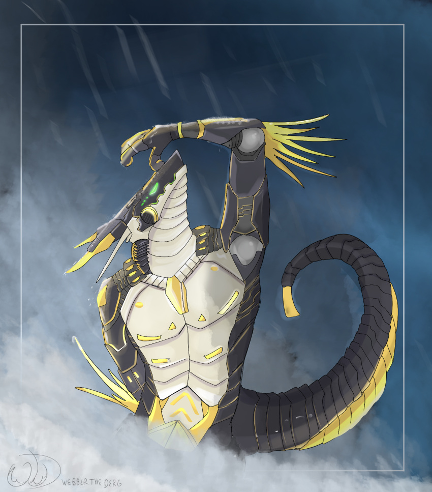 anthro green_eyes hi_res k70n looking_up machine mecha nude raining sergal synth_(disambiguation) tail webberthederg