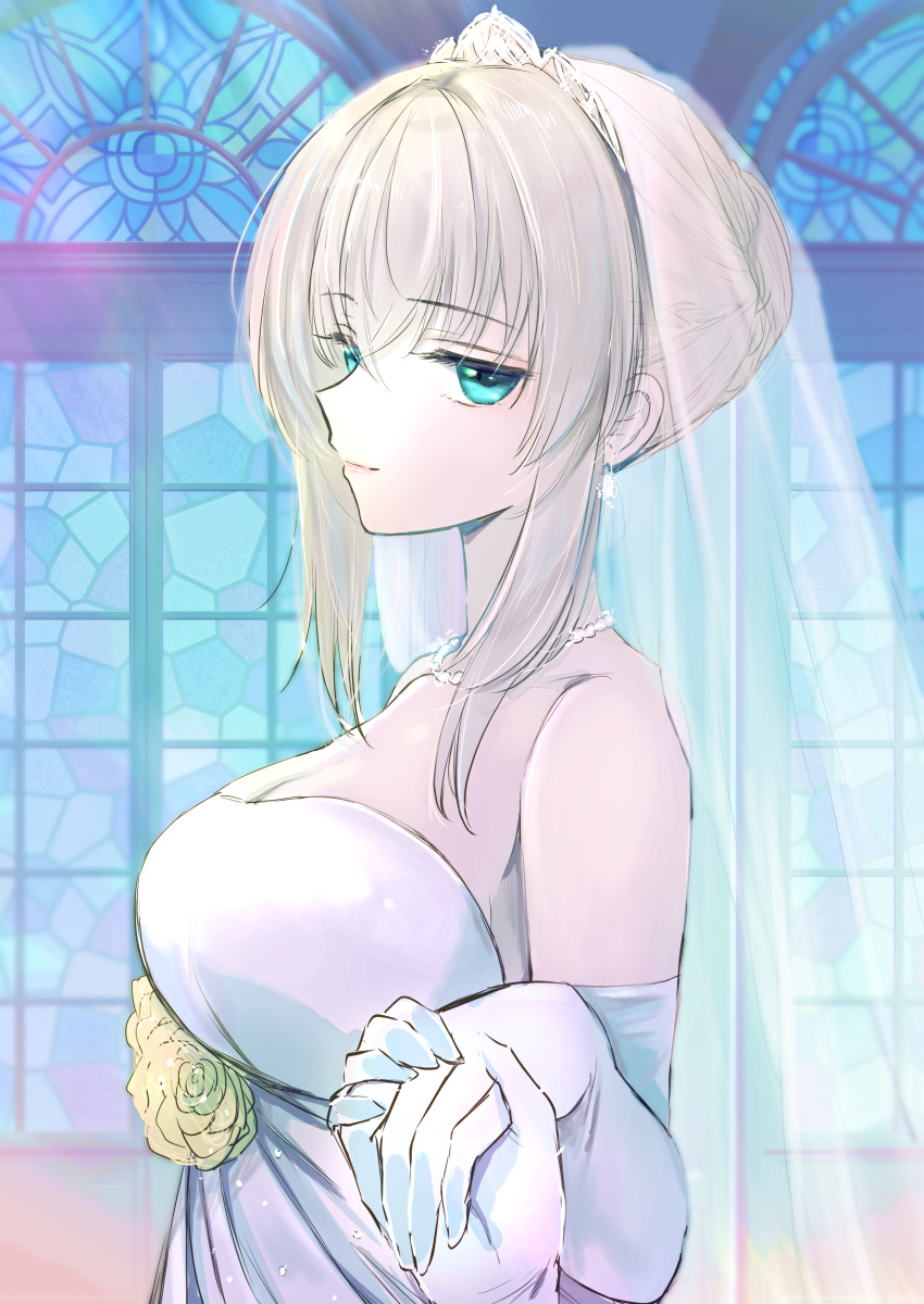 absurdres alternate_hairstyle blue_eyes breasts bridal_veil cleavage closed_mouth commentary dress earrings elbow_gloves emilio_(tetsukazu_no_ao) female flower from_side girls_und_panzer gloves grey_hair hair_up half-closed_eyes highres indoors itsumi_erika jewelry light_smile looking_at_viewer medium_breasts necklace out_of_frame pearl_necklace pov sidelocks stained_glass strapless strapless_dress tiara veil wedding_dress white_dress white_gloves window yellow_flower