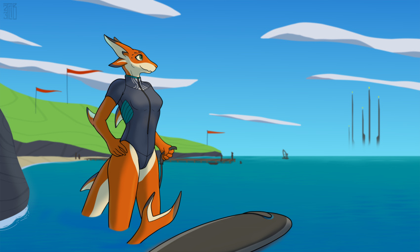 2023 5:3 5_fingers anthro beach black_body black_scales breasts clothed clothing cloud countershade_ears countershade_face countershade_legs countershade_scales countershade_tail countershading detailed_background dorsal_fin ear_fins female fin fingers fish flag flag_(object) green_eyes hand_on_hip hi_res looking_aside marine multicolored_body non-mammal_breasts orange_body orange_scales outside partially_submerged pier scales sea seaside shaded shark signature sky smile solo_focus standing standing_in_water surfboard surfboard_leash tail tail_fin tan_body tan_countershading tan_scales thribocarbon water wetsuit zipper