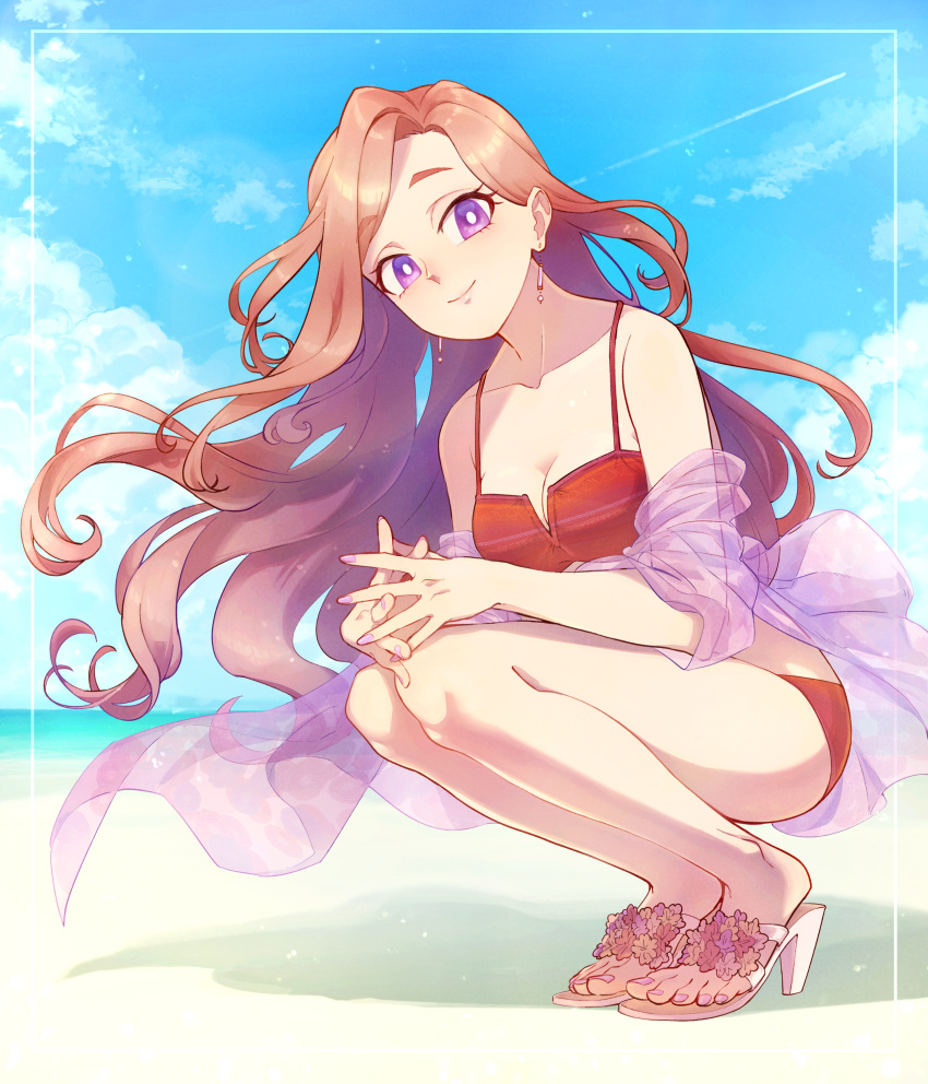 absurdres aikatsu!_(series) aikatsu_stars! alternate_costume beach bikini blush breasts bright_pupils brown_hair cleavage closed_mouth collarbone commission day earrings female full_body high_heels highres jewelry kasumi_yozora large_breasts long_hair looking_at_viewer outdoors purple_eyes purple_nails red_bikini skeb_commission smile solo squatting swimsuit very_long_hair white_footwear white_pupils yoshidanoe