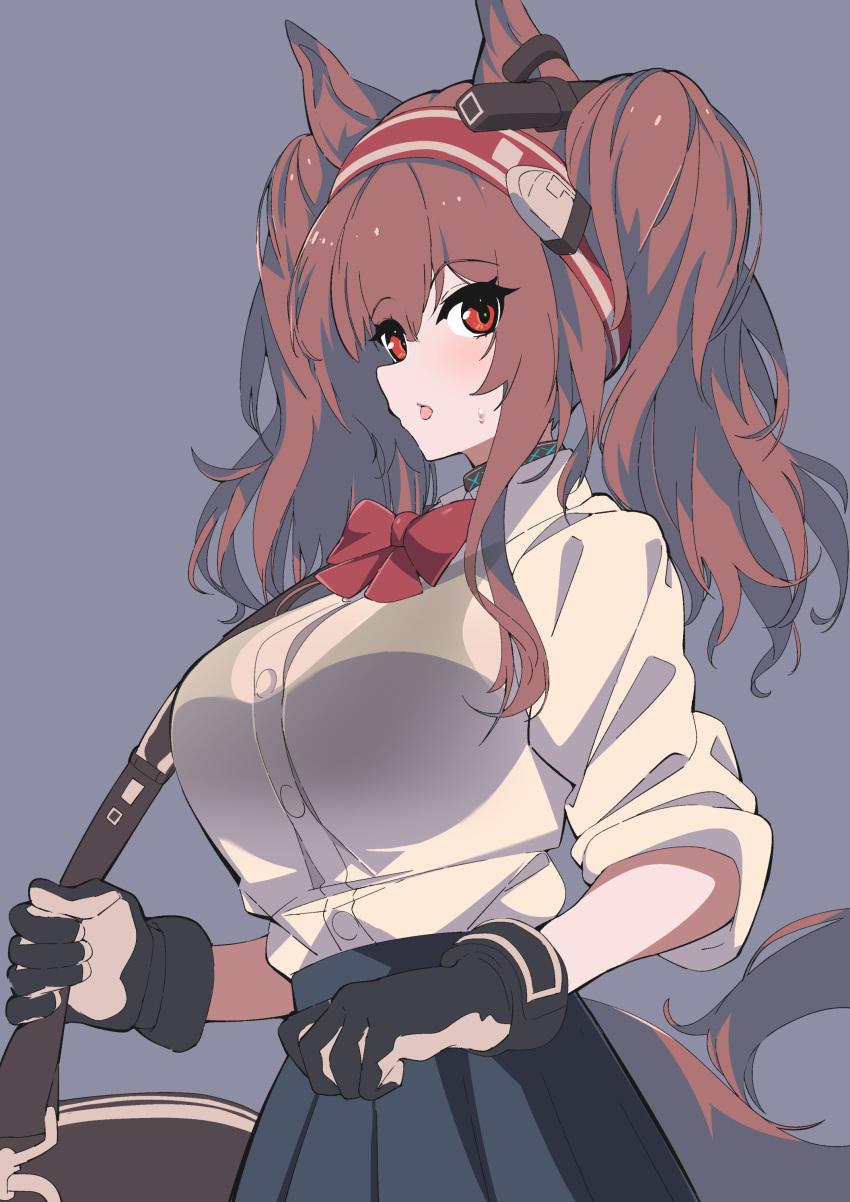 :o absurdres alternate_costume angelina_(arknights) animal_ears arknights bag black_gloves black_skirt black_sports_bra bow bowtie breasts brown_hair collar cowboy_shot female fox_ears fox_girl fox_tail gloves grey_background hairband headgear highres infection_monitor_(arknights) large_breasts long_hair long_sleeves open_mouth pleated_skirt red_bow red_bowtie red_eyes red_hairband sajimaririri school_uniform see-through shirt shoulder_bag simple_background skirt solo sports_bra tail twintails white_shirt