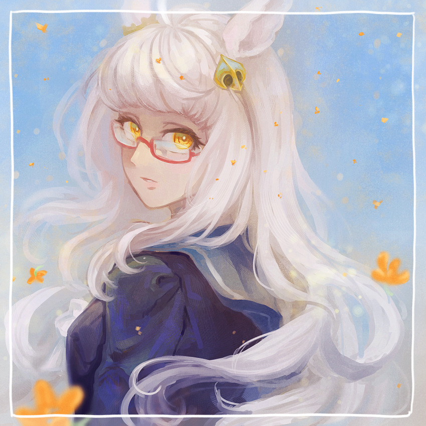 animal_ears biwa_hayahide_(umamusume) brown_eyes female glasses highres horse_ears horse_girl long_hair looking_at_viewer rectangular_eyewear red-framed_eyewear semi-rimless_eyewear solo umamusume under-rim_eyewear upper_body wavy_hair white_hair yoshidanoe