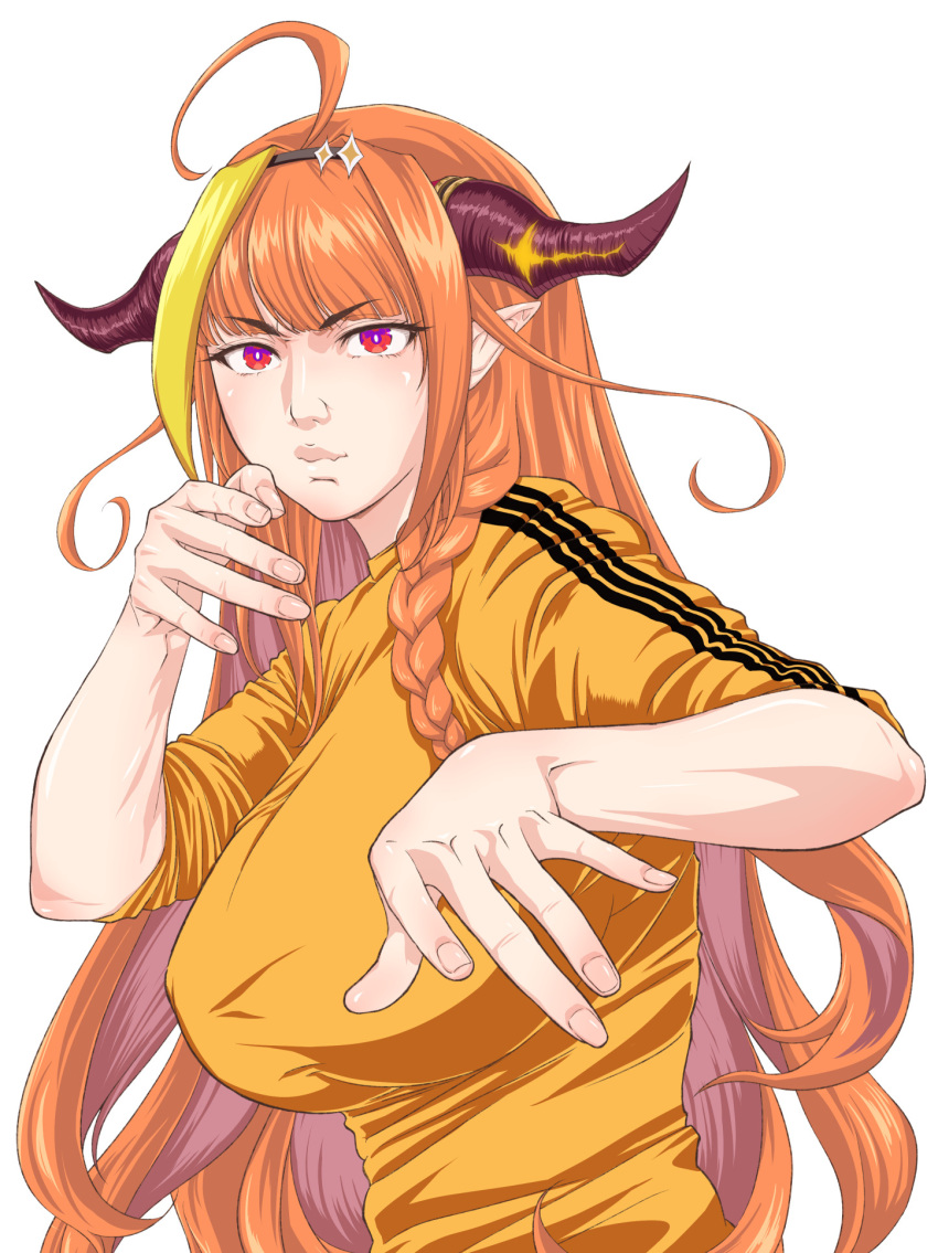 adidas ahoge blunt_bangs braid breasts bruce_lee bruce_lee's_jumpsuit closed_mouth commentary_request dragon_girl dragon_horns eyelashes fang_out female fighting_stance fingernails game_of_death gradient_eyes hairband highres hokke_(fryinghokke) hololive horns jeet_kune_do kiryu_coco large_breasts long_hair looking_at_viewer martial_arts multicolored_eyes multicolored_hair narrow_waist oerba_yun_fang orange_hair parody pointy_ears red_eyes side_braid simple_background skin_fang sleeves_rolled_up solo streaked_hair upper_body virtual_youtuber white_background