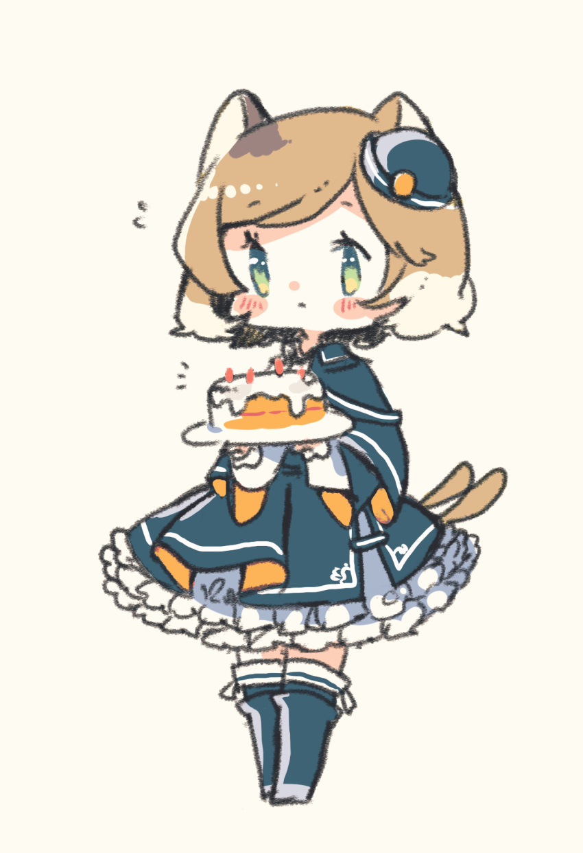 animal_ears arknights blonde_hair blue_footwear blue_hat blue_skirt blush_stickers boots cake cat_ears cat_tail chibi female flying_sweatdrops food full_body green_eyes hat highres holding long_sleeves mini_hat mousse_(arknights) multiple_tails oyasumi_makura shirt simple_background skirt solo swept_bangs tail two_tails white_shirt