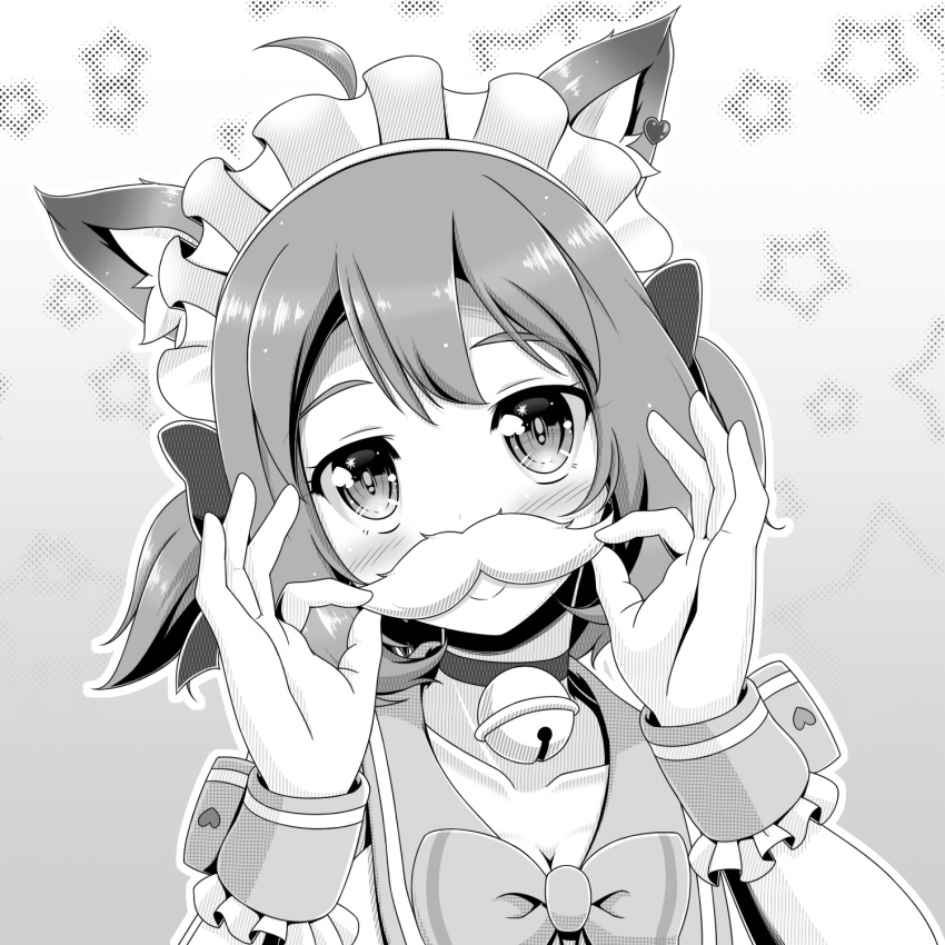 ahoge animal_ear_fluff animal_ears animare bell blush bow choker closed_mouth collarbone commentary_request dog_ears fake_facial_hair fake_mustache female greyscale hands_up highres holding jingle_bell looking_at_viewer maid_headdress miso_panda monochrome nanashi_inc. neck_bell sailor_collar smile solo souya_ichika souya_ichika_(2nd_costume) starry_background two_side_up upper_body virtual_youtuber wrist_cuffs