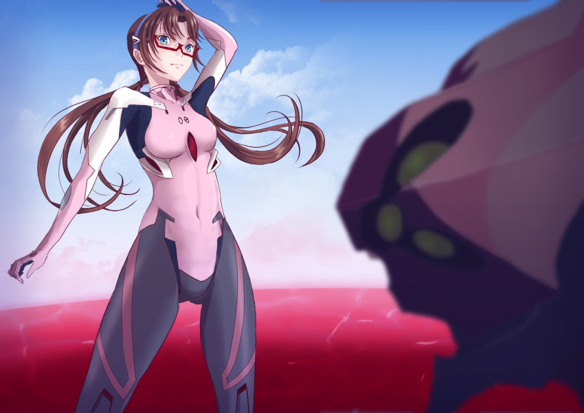 arm_over_head ass_visible_through_thighs black_bodysuit blue_eyes bodysuit breasts brown_hair covered_navel eva_08 evangelion_(mecha) extra_eyes female green_eyes grey_bodysuit headband highres interface_headset lcl light_smile long_hair looking_at_viewer makinami_mari_illustrious mecha medium_breasts multicolored_bodysuit multicolored_clothes nana_(nanaart) neon_genesis_evangelion pilot_suit pink_bodysuit plugsuit rebuild_of_evangelion robot science_fiction solo thighs twintails