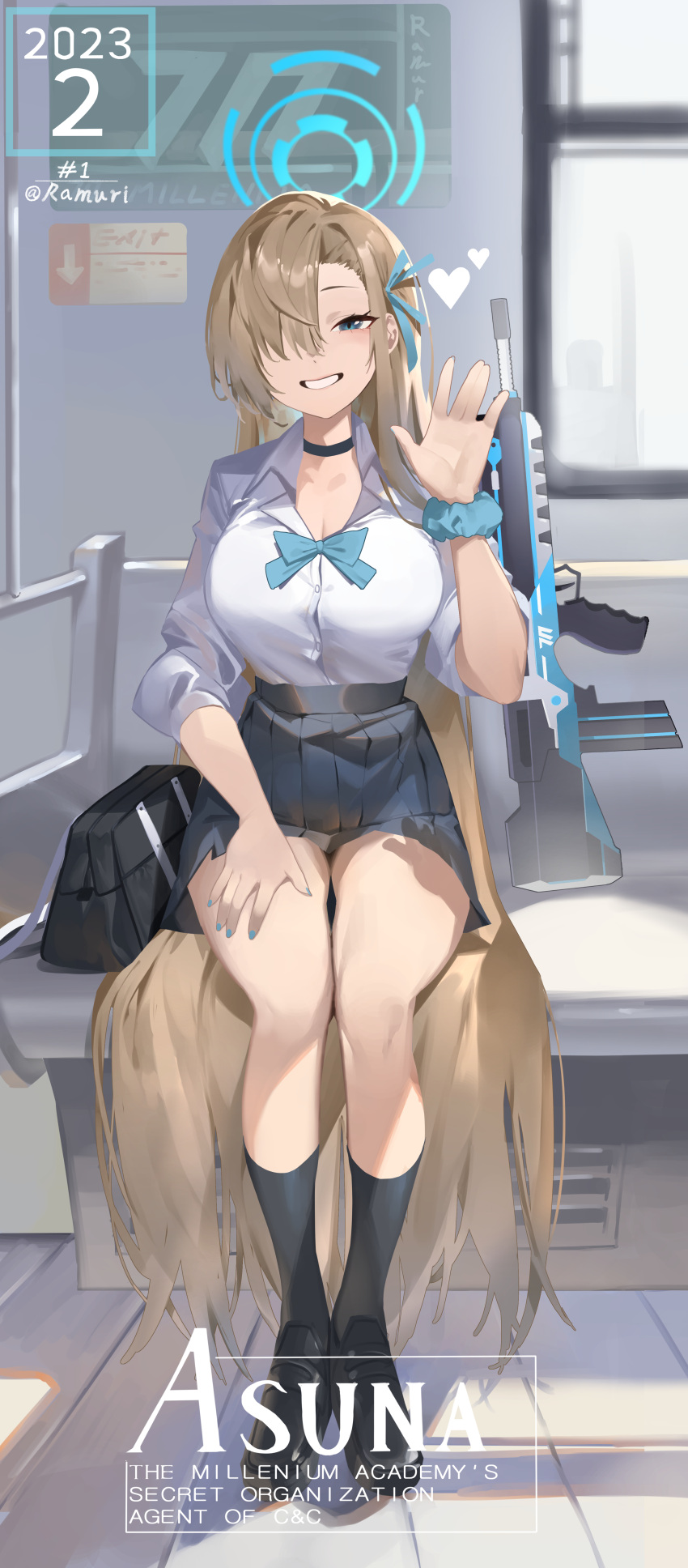 absurdly_long_hair absurdres assault_rifle asuna_(blue_archive) asymmetrical_bangs bag black_choker blue_archive blue_eyes breasts bullpup choker commentary famas female gun hair_over_one_eye halo highres ktr_(tpun2553) large_breasts light_brown_hair long_hair looking_at_viewer rifle school_uniform scrunchie shirt sitting smile solo very_long_hair weapon wrist_scrunchie