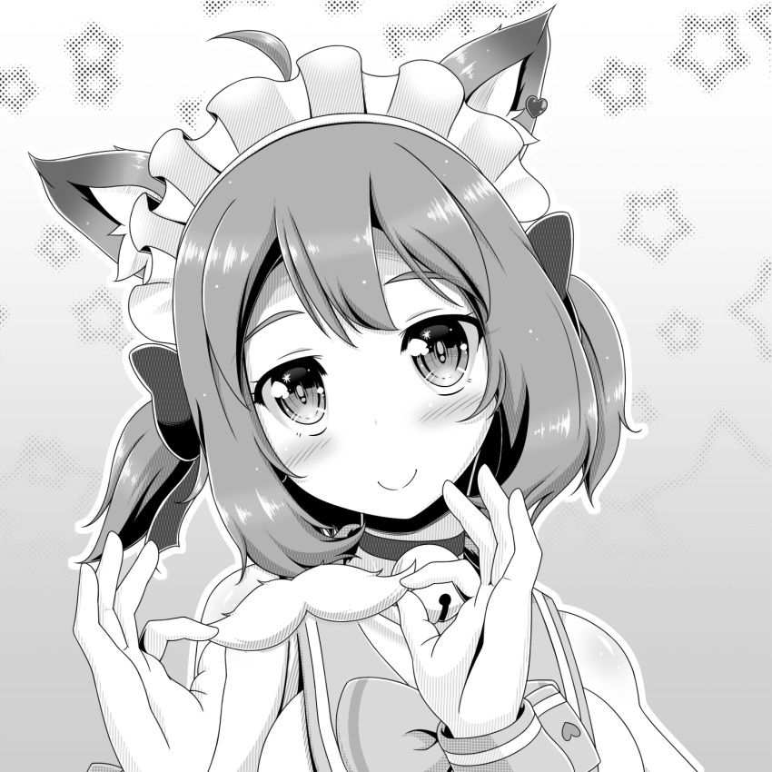 ahoge animal_ear_fluff animal_ears animare bell blush bow choker closed_mouth collarbone commentary_request dog_ears fake_facial_hair fake_mustache female greyscale hands_up highres holding jingle_bell looking_at_viewer maid_headdress miso_panda monochrome nanashi_inc. neck_bell sailor_collar smile solo souya_ichika souya_ichika_(2nd_costume) starry_background two_side_up upper_body virtual_youtuber wrist_cuffs