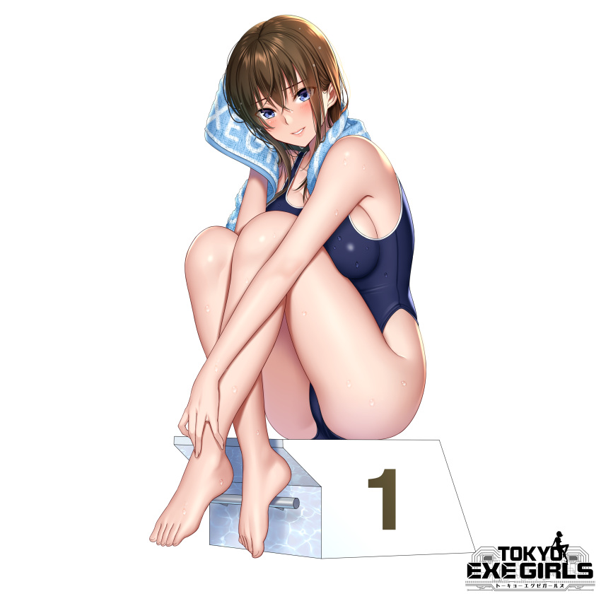 absurdres barefoot blue_eyes blue_one-piece_swimsuit breast_press breasts brown_hair commentary_request copyright_name drying drying_hair fanbox_reward feet female full_body highleg highleg_swimsuit highres knees_to_chest knees_up large_breasts light_smile long_hair looking_at_viewer one-piece_swimsuit paid_reward parted_lips plantar_flexion re:shimashima school_swimsuit sitting solo starting_block swimsuit tokyo_exe_girls towel water_drop wet wet_hair white_background